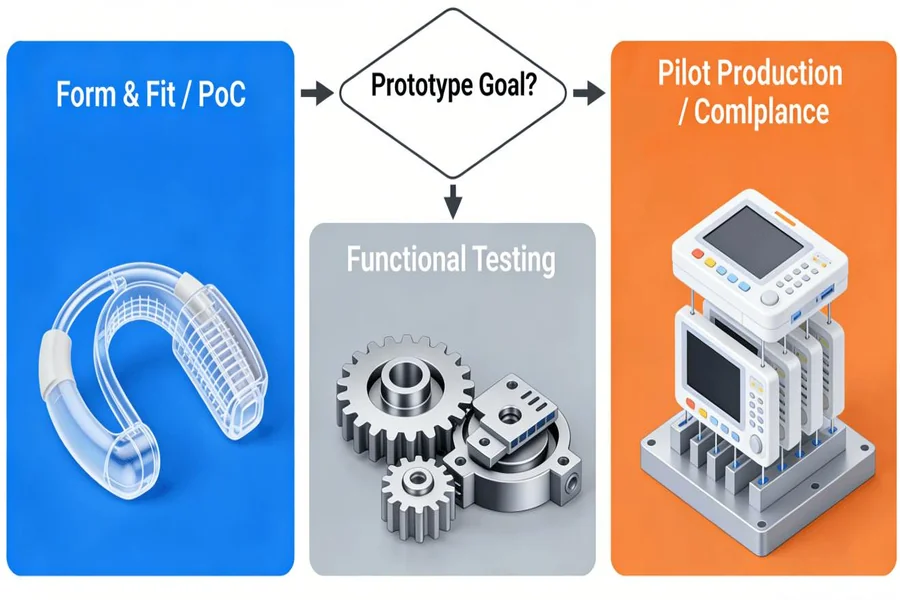 A flowchart diagram illustrating the strategic selection of rapid prototyping processes (3D Printing, CNC, Rapid Molding) based on prototype goals like Proof of Concept, Functional Testing, and Pilot Production.